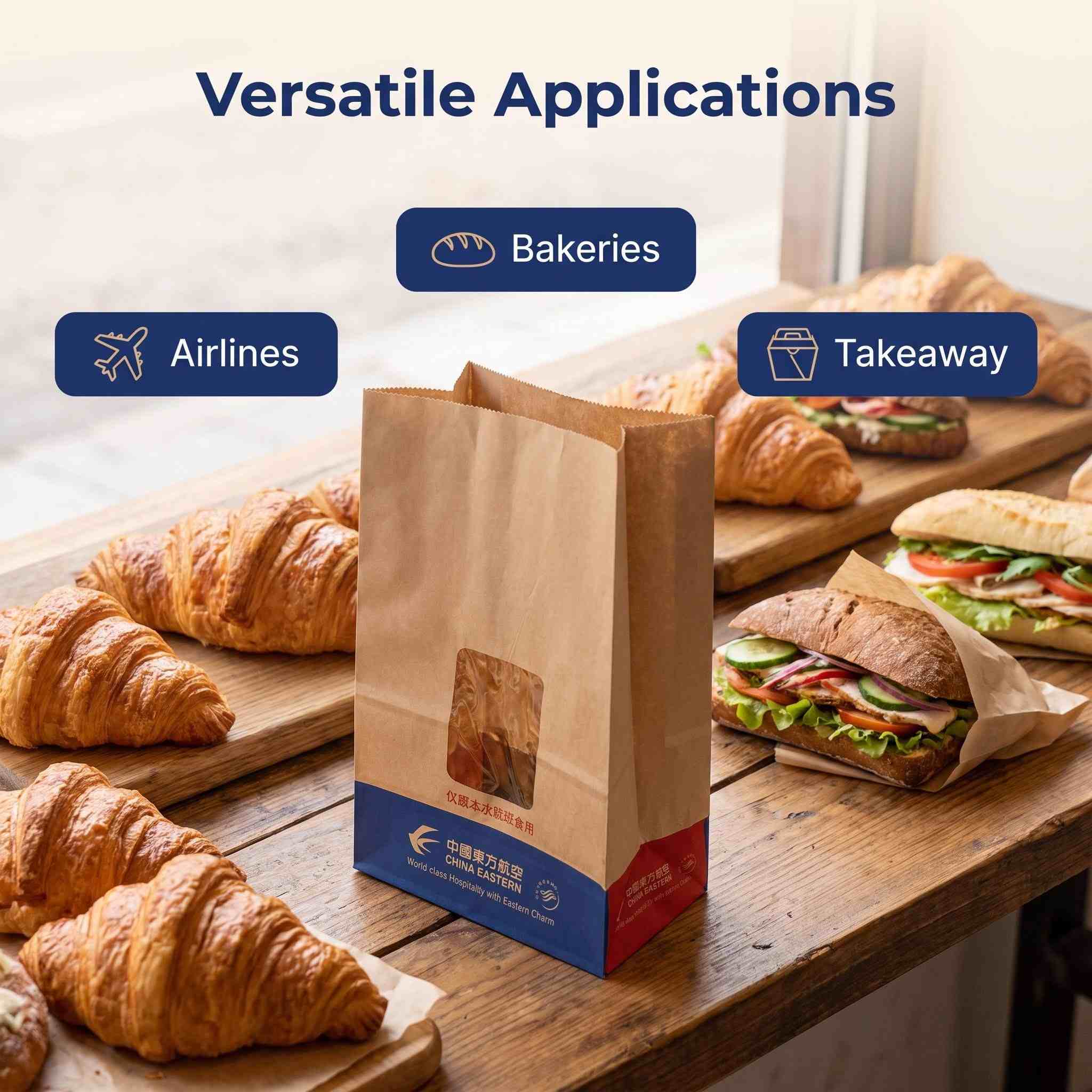 Windowed kraft paper bag for inflight snacks, bakery and takeaway food service display Windowed kraft paper bag for inflight snacks, bakery and takeaway food service display